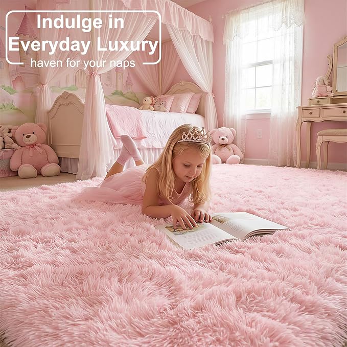 Amdrebio Pink Rugs for Girls Bedroom, 9x12 Large Fluffy Area Rugs for Living - Image 2