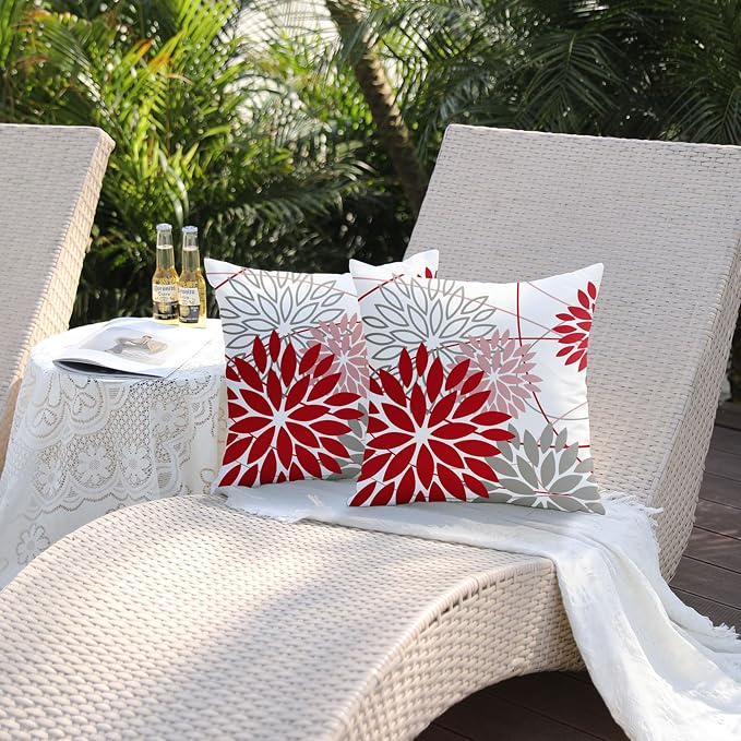 Red and Pink Grey Floral Pillow Covers 20x20 Set of 2 Outdoor Waterproof - Image 5