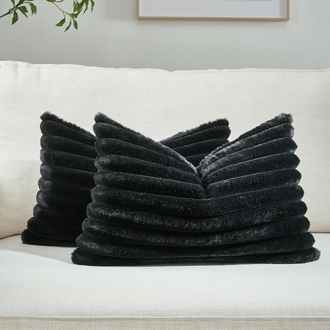 FUTEI Black Decorative Throw Pillow Covers Set of 2, 12x20 Inch Soft Fluffy by FUTEI