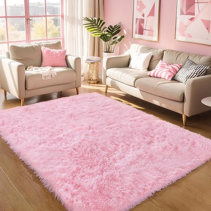 KCHOWUA Pink Fluffy Area Rug for Girls' Bedroom, Large Soft Furry Carpet for - Image 6
