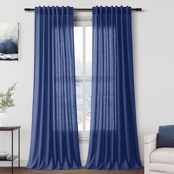 Nanspring Classic Blue Linen Curtains Semi Sheer 96 Inches Long 2 Panels Set by Nanspring