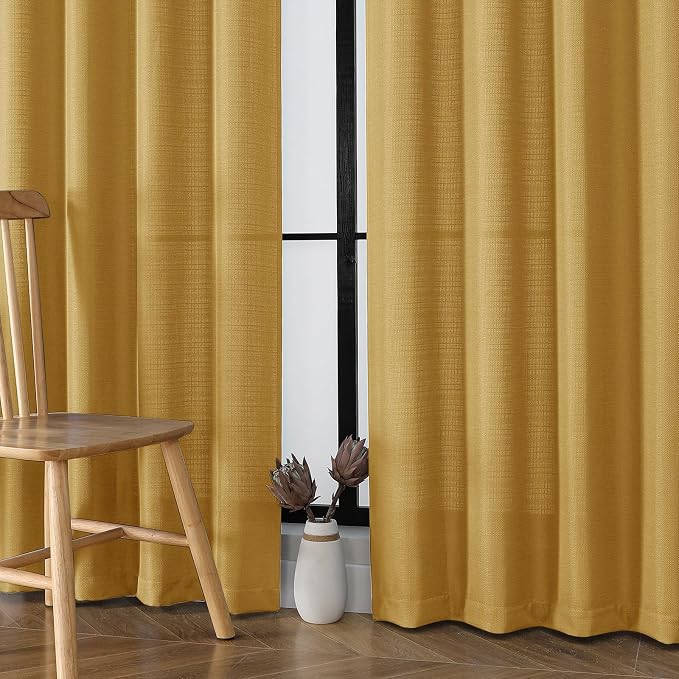 Chyhomenyc Gold Curtains 84 Inch Length 2 Panels Set, Faux Linen Textured Semi - Image 5