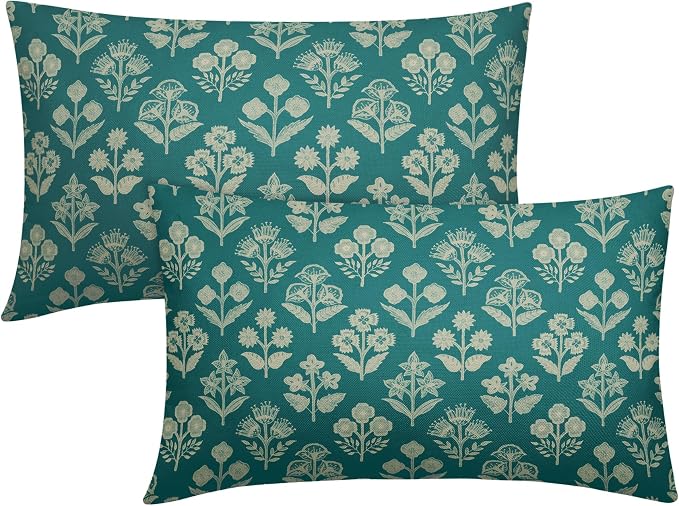 Teal Pillow Covers 12x20 Inch Set of 2, Cream Floral Block Print Pattern Lumbar by Sivirary