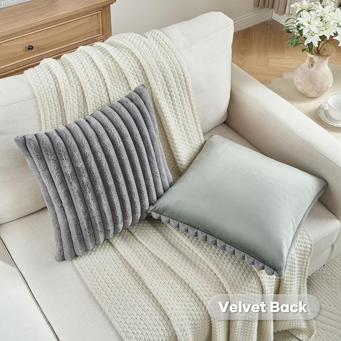 FUTEI Grey Decorative Throw Pillow Covers Set of 2, 24x24 Inch Soft Fluffy Faux - Image 4