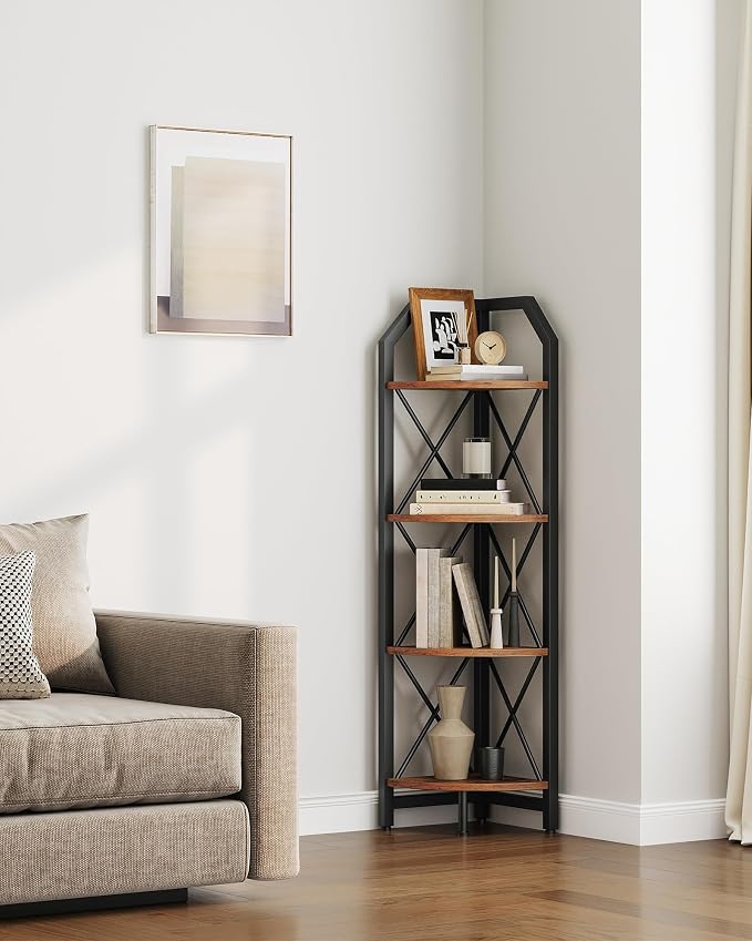 CHOEZON 4-Tier Rustic Brown and Black Corner Shelf, 4-Shelf Industrial Corner - Image 6