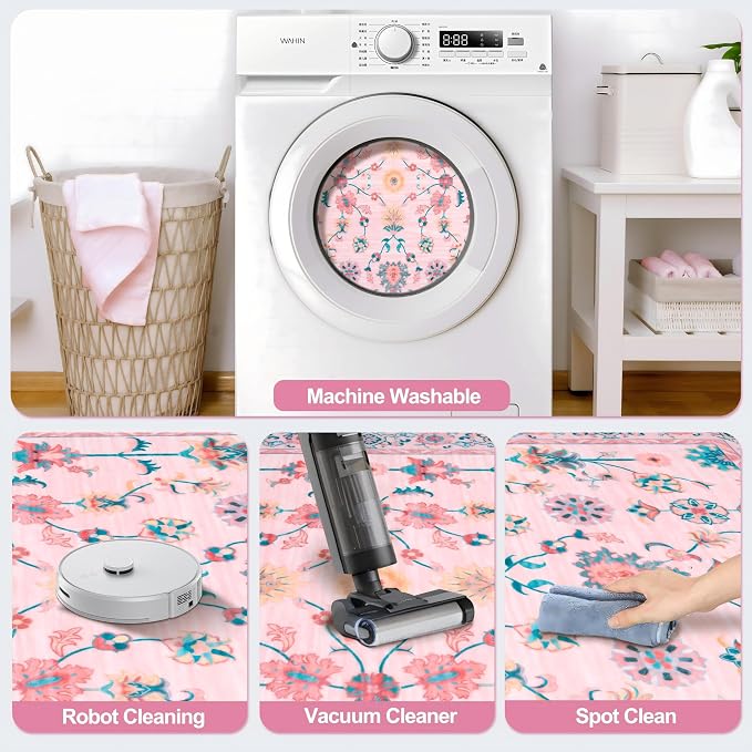 Tangsoo 4x6 Washable Area Rug, Non Slip Pink Floral Rug - Image 6