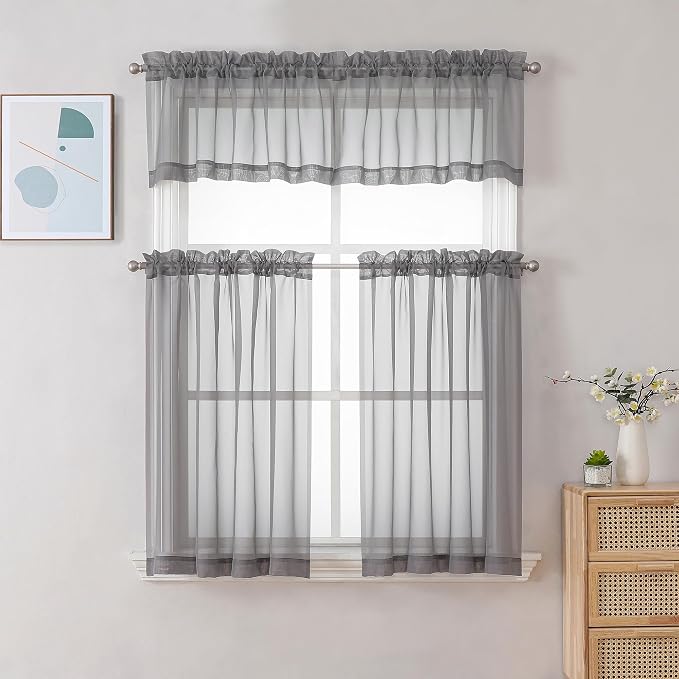 Gwine Charcoal Grey Sheer Curtain Tiers 24 Inch Length, Light Filtering Voile - Image 2