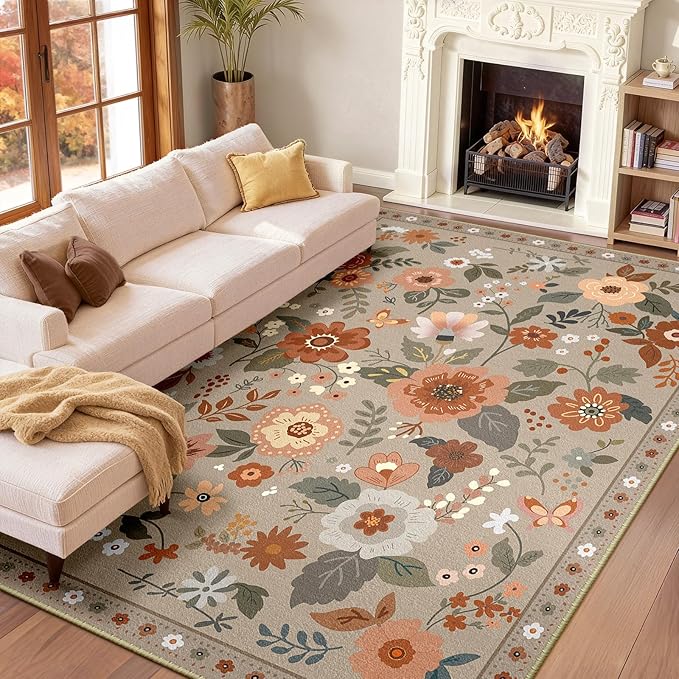 RELEANY Floral Nursery 9x12 Area Rugs Washable Print Boho Cute Carpet Non Slip by RELEANY