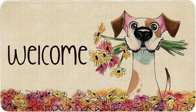 Spring Summer Door Mat, Floral Dog Indoor Outdoor Non-Slip Doormat, Entryway by Xsinufn