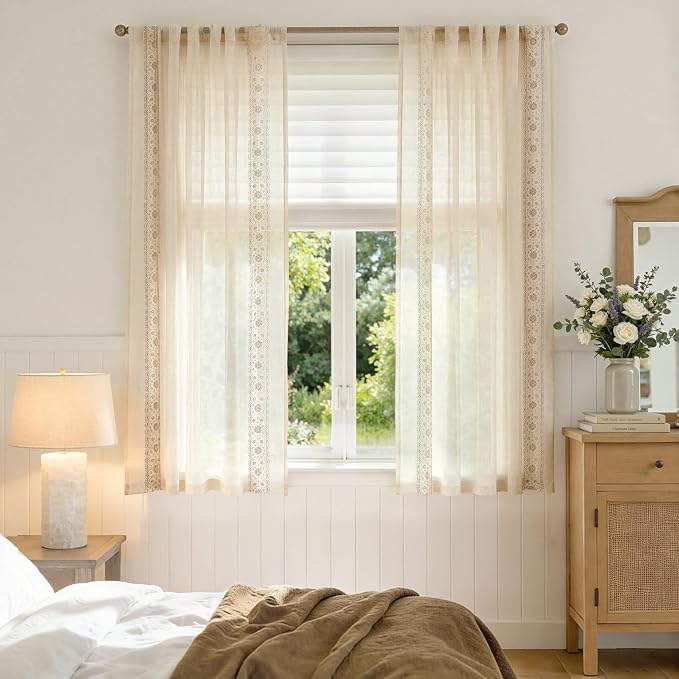 jinchan Weslie Beige Floral Sheer Curtains - Image 3