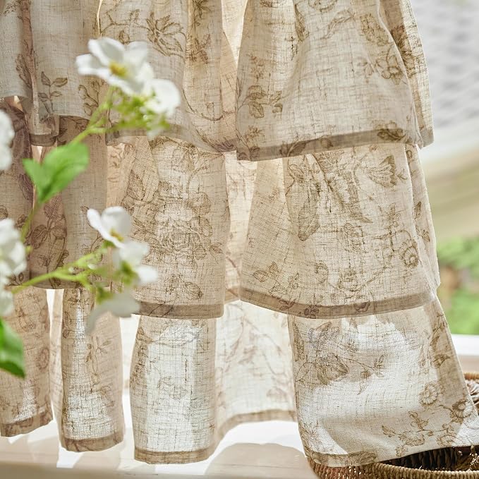 jinchan Amlie Ruffled Floral Valance Curtain Shabby Chic Linen Kitchen Valance - Image 9