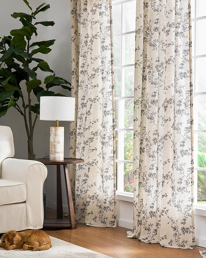 jinchan Linen Floral Curtains for Living Room 96 Inch Length Black Printed - Image 6