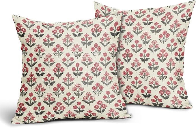 Black Red Christmas Floral Block Print Pillow Covers 20x20 Inch Set of 2 - Image 2