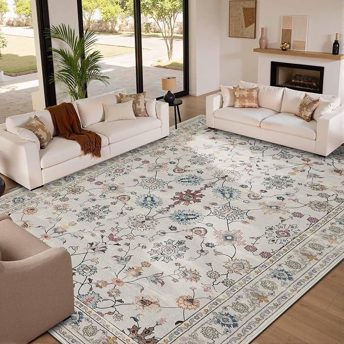 Rugxara 9x12 Rugs for Living Room & Bedroom, Floral Washable Rug, Boho Area Rug - Image 3