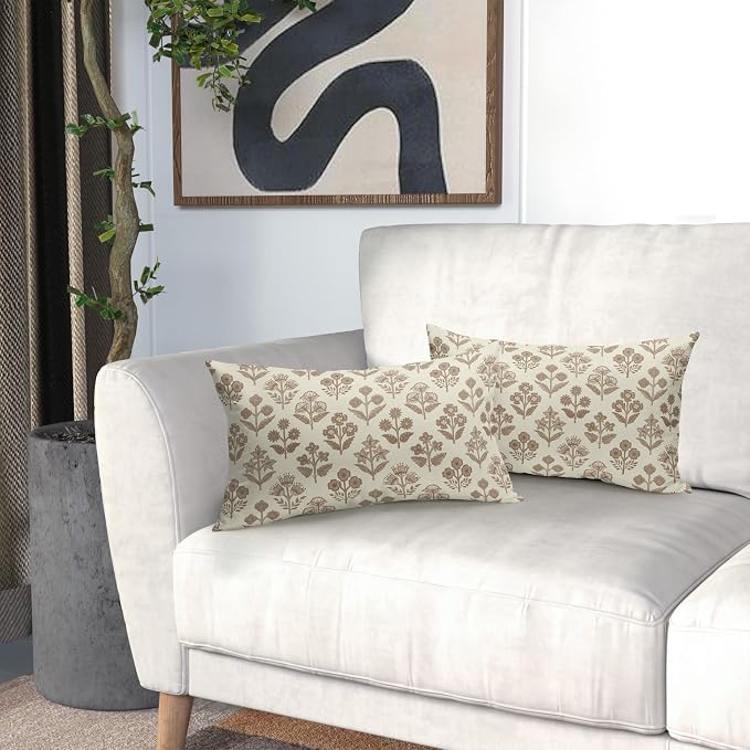 Brown Floral Pillow Covers 12x20 Inch Set of 2, Block Print Lumbar Flower Cream - Image 6