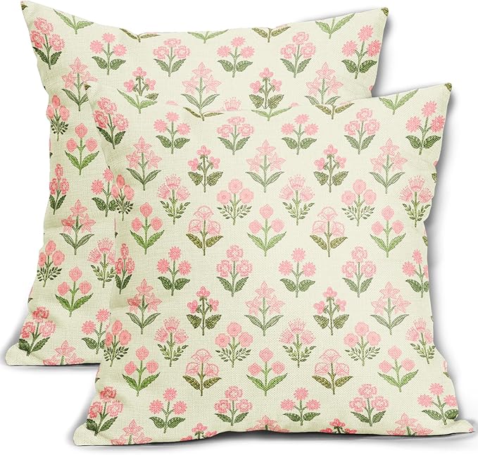 Pink Green Floral Pillow Covers 22x22 Inch Set of 2, Vintage Flower Block Print by Sivirary