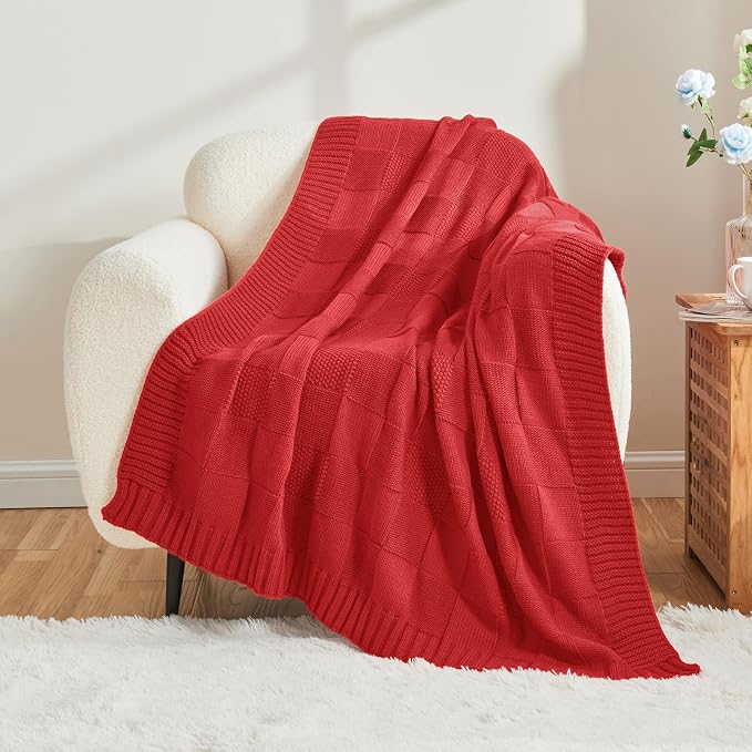 CozeCube Check Knit Throw Blanket, Christmas Red Checkered Bedroom Blanket - Image 6