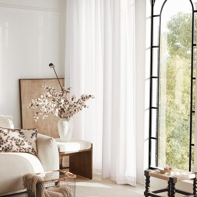 White Curtains 96 inches Long 2 Panels Back Tab Light Filtering Cotton Textured - Image 7