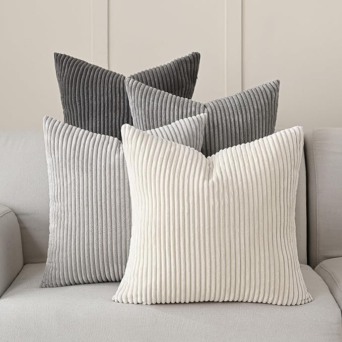 Volcanics Set of 4 Neutral Grey Corduroy Decorative Couch Throw Pillow Covers by Volcanics