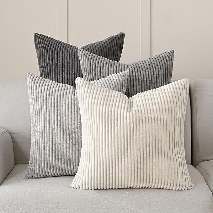 Volcanics Set of 4 Neutral Grey Corduroy Decorative Couch Throw Pillow Covers by Volcanics