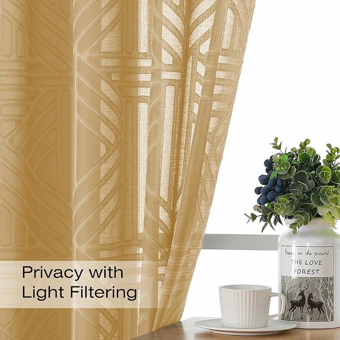 Simplebrand Gold Semi Sheer Curtains 54 Inch Length 2 Panels, Geometric - Image 2