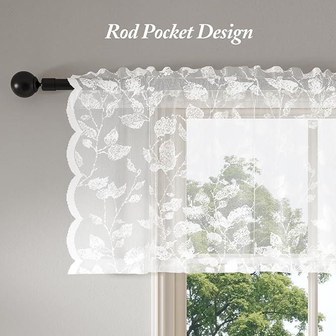 Rinwoc White Lace Semi-Sheer Valance Curtains – Privacy Light Filtering Rod - Image 5