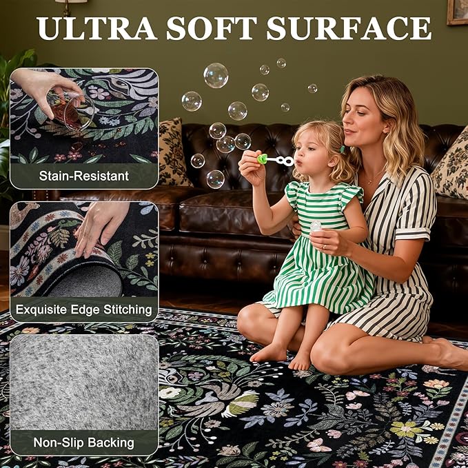8x10 Area Rugs Living Room Rug: Vintage Washable Rug Floral Soft Carpet Indoor - Image 4