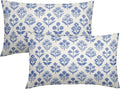 Blue Floral Pillow Covers 12x20 Inch Set of 2, Block Print Lumbar Flower Cream by Sivirary