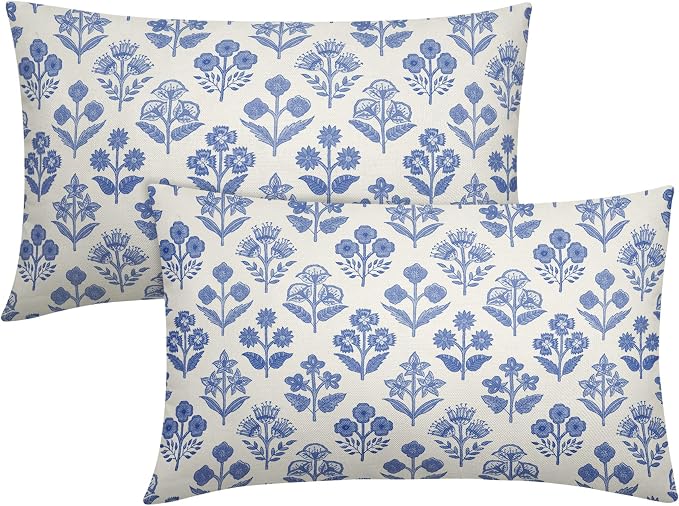 Blue Floral Pillow Covers 12x20 Inch Set of 2, Block Print Lumbar Flower Cream by Sivirary