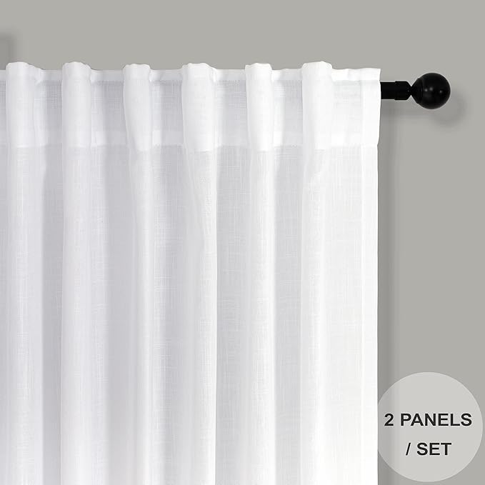 White Curtains 38 Inch Wide for Bedroom 2 Panels Back Tab Rod Pocket Semi Sheer - Image 2