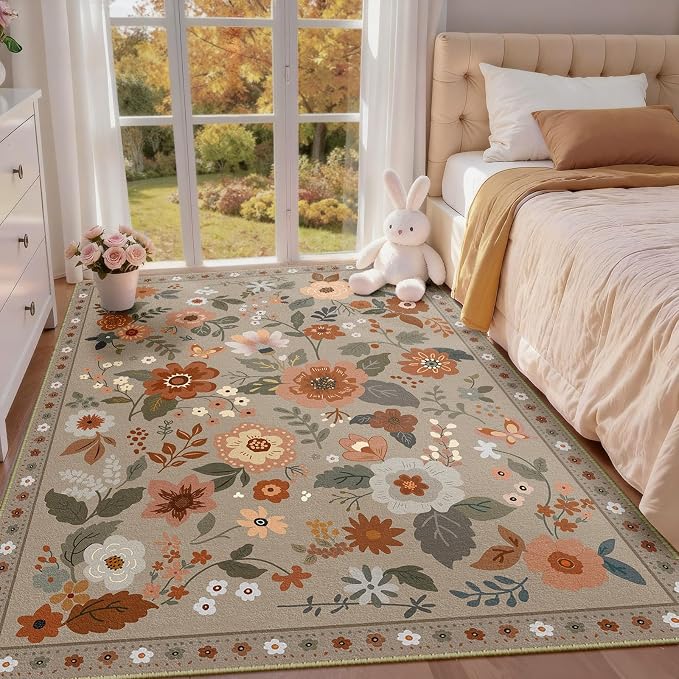 RELEANY Floral Nursery 4x6 Area Rugs Washable Print Boho Cute Carpet Non Slip by RELEANY