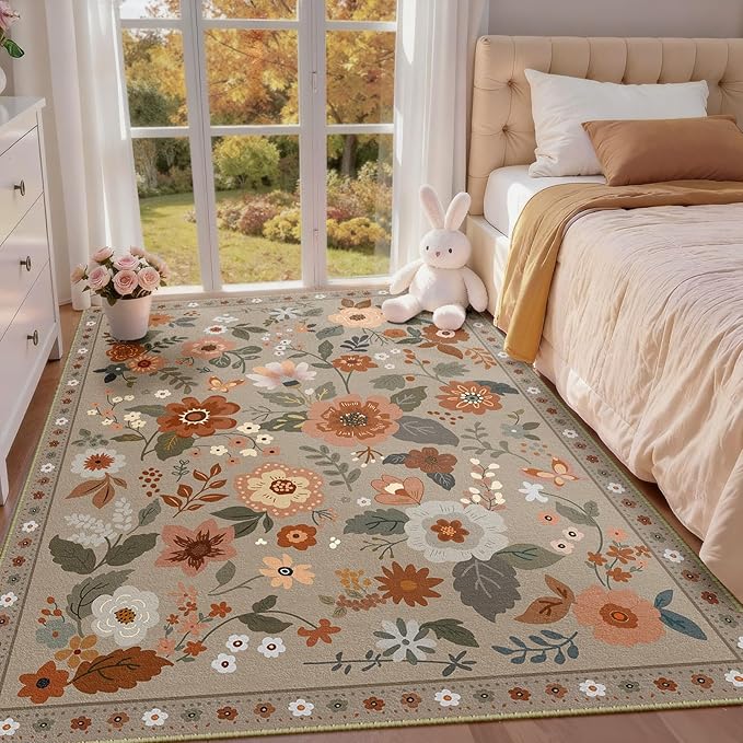 RELEANY Floral Nursery 3x5 Area Rugs Washable Print Boho Cute Carpet Non Slip by RELEANY