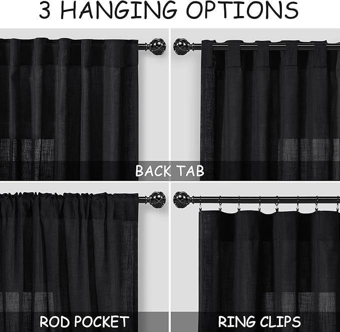 Nanspring Short Linen Kitchen Curtains 36 Inch Length, Over Sink Black Privacy - Image 2