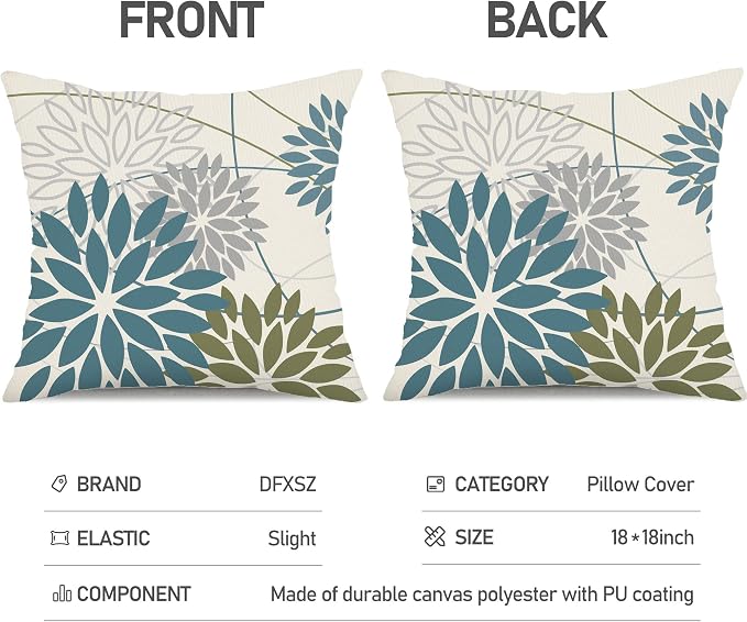 DFXSZ Blue Army Green Outdoor Pillow Covers Set of 2 16X16 Inch Teal Floral - Image 7