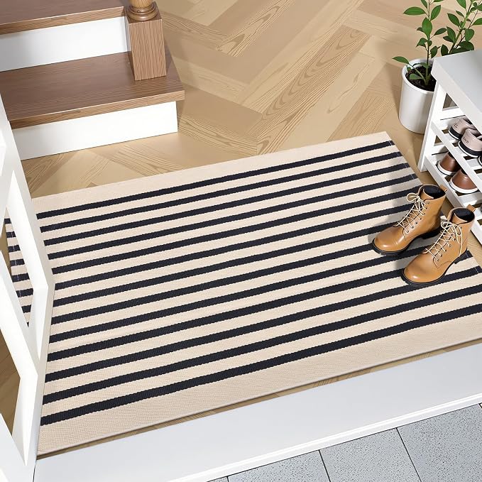 OLANLY Beige and Black Striped Rug 2'4" x 3'7" – Washable Cotton Doormat - Image 8