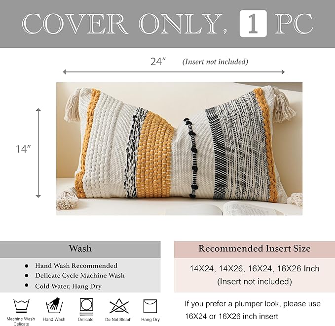 BlissBlush Decorative Lumbar Throw Pillow Cover 14x24 Boho Yellow Mustard - Image 4