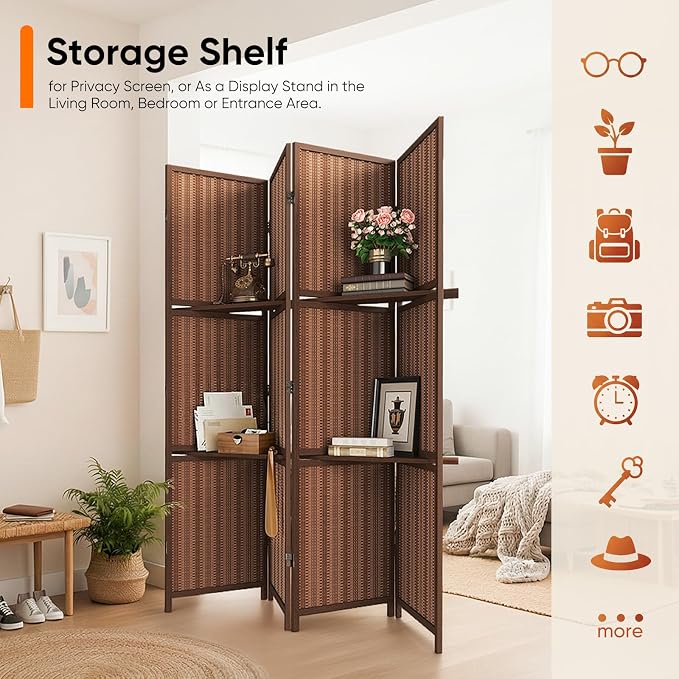 Bamboo Room Divider with Shelves, Natural Privacy Screen with Storage Board - Image 4