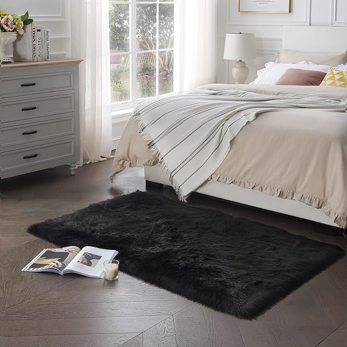 SERISSA Soft Fluffy Rug Coal Black Faux Sheepskin Fur Rug Shaggy Area Rug - Image 2