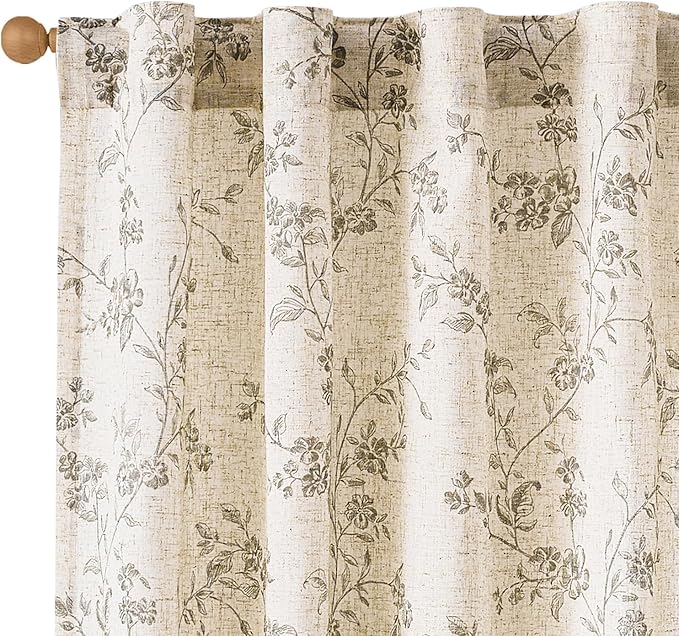 Lazzzy Grey Floral Linen Curtains 90 Inch Farmhouse Back Tab Drapes by Lazzzy