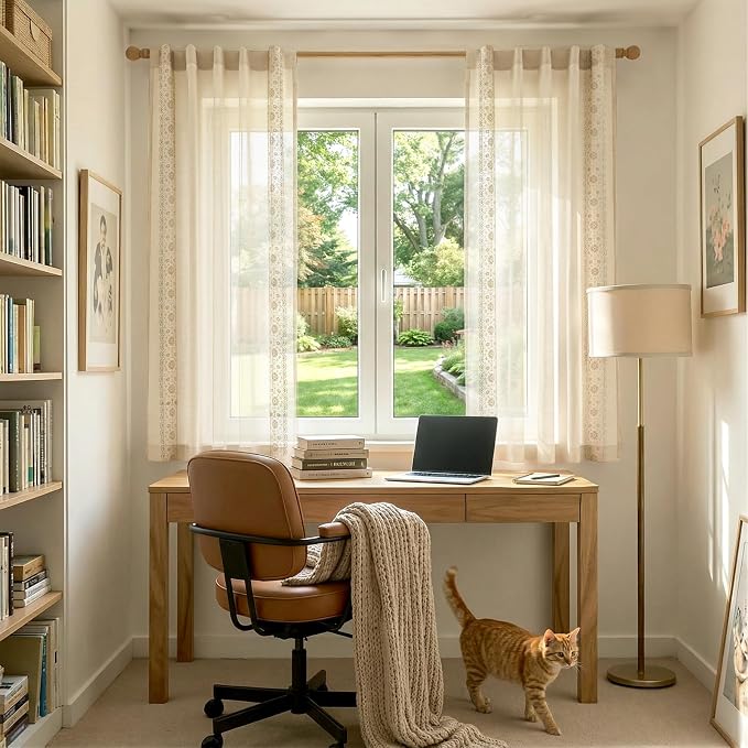 jinchan Weslie Beige Floral Sheer Curtains - Image 7