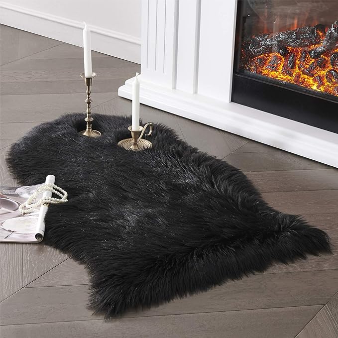 SERISSA Soft Faux Sheepskin Fur Rug Black Fluffy Area Rug Shag Rug Carpets by SERISSAHomeDecorCollection