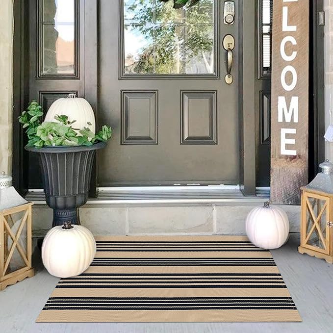 IOHOUZE Black and Tan Striped Rug 2'x3' Front Door Rugs Outdoor, Small Washable by iOhouze