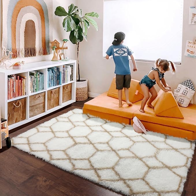 ONASAR 5x7 Area Rugs for Living Room Bedroom, Fluffy White and Beige Faux Fur - Image 7