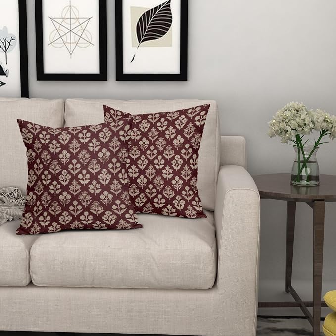 Burgundy Red Floral Block Print Pillow Covers 16x16 Inch Set of 2, Vintage - Image 7