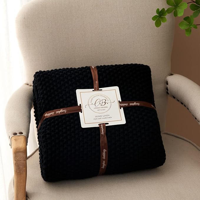 Chunky Cable Knit Throw Blanket Lightweight Black 100% Organic Cotton Blanket - Image 8