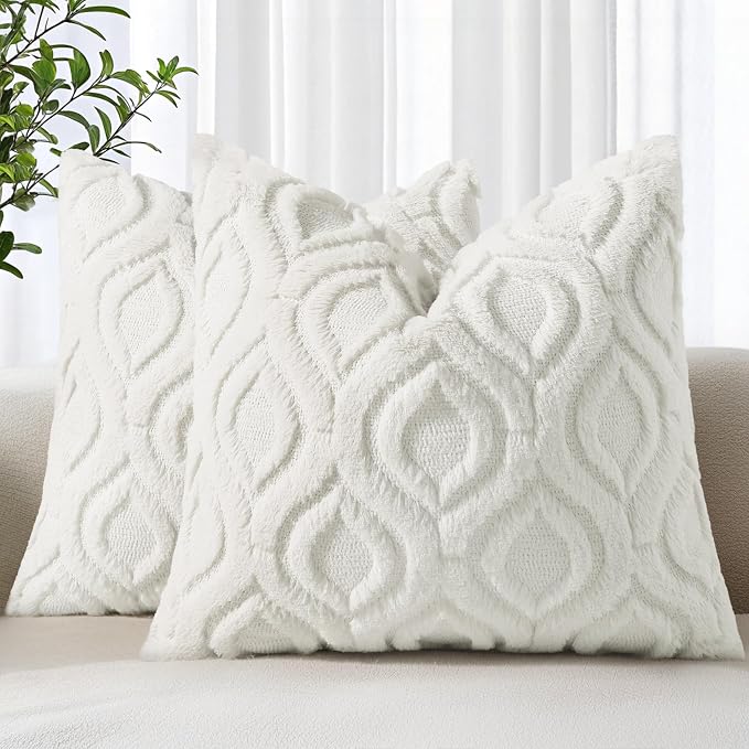 decorUhome Throw Pillow Covers 24x24 Inch Set of 2, Soft Plush Faux Wool Cream by decorUhome
