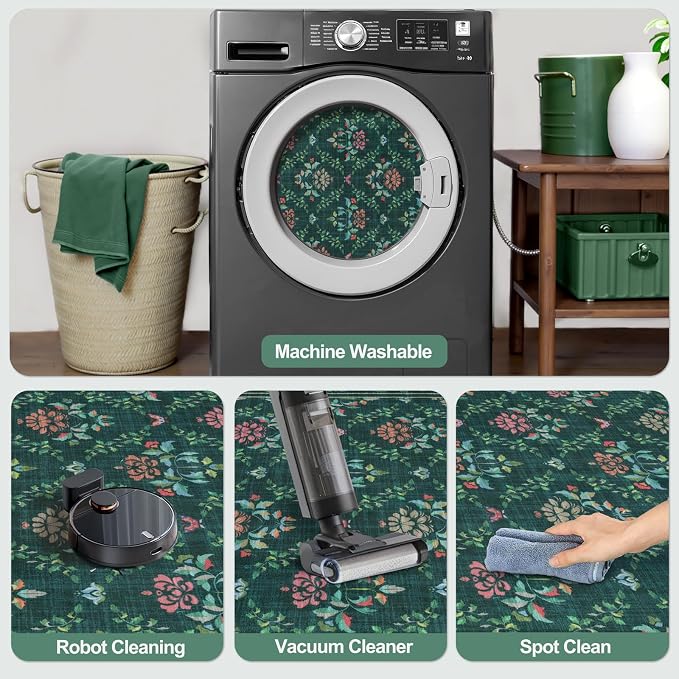 Tangsoo 2x3 Small Washable Entry Rug, Non Slip Green Floral Throw Area Rugs - Image 5