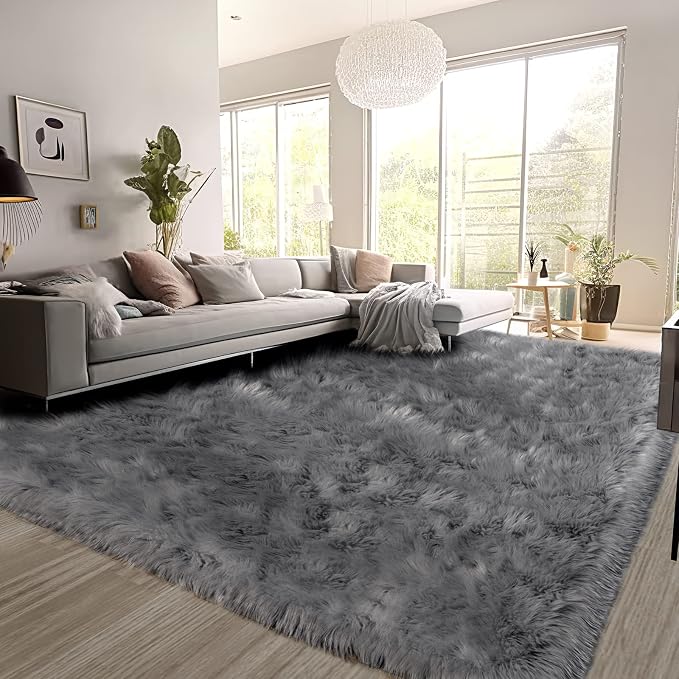 SERISSA Ultra Soft Faux Fur 6x9 Feet Fluffy Shaggy Area Rug Grey Faux Sheepskin - Image 2