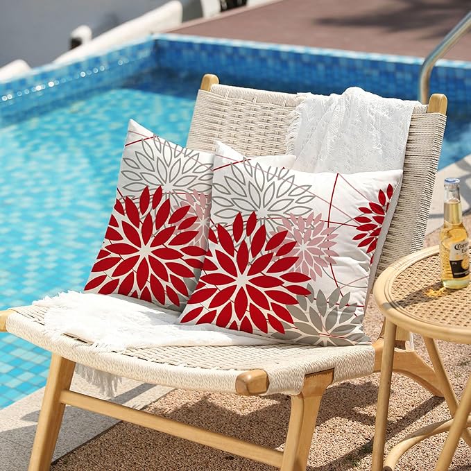 Red and Pink Grey Floral Pillow Covers 18x18 Set of 2 Outdoor Waterproof - Image 2