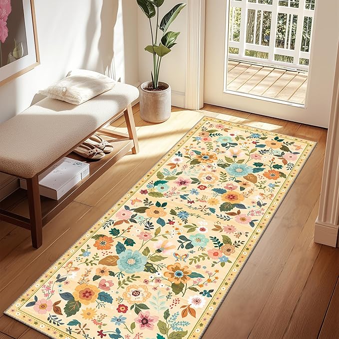 RELEANY Floral Nursery 2x6 Area Rugs Washable Print Boho Cute Carpet Non Slip by RELEANY